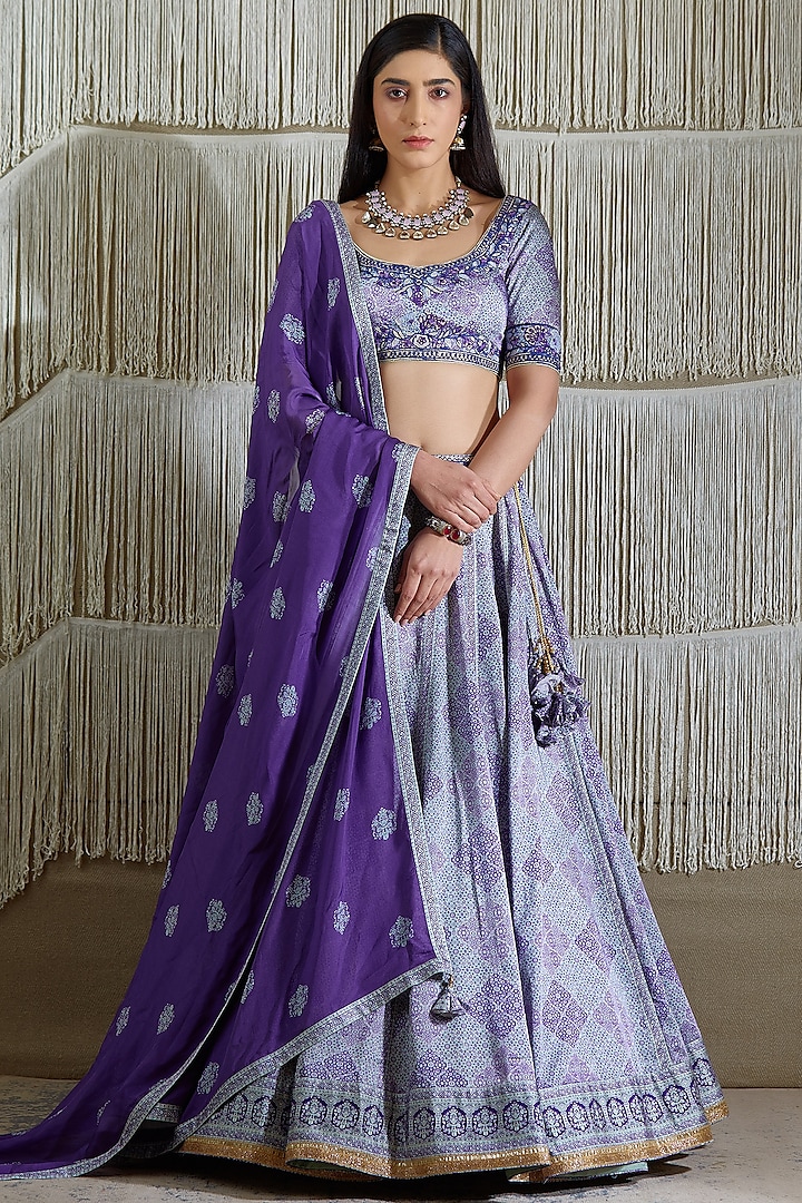 Purplish Blue Cotton Satin Wedding Lehenga Set by Shyam Narayan Prasad at Pernia's Pop Up Shop