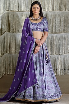 Purplish Blue Cotton Satin Lehenga Set by Shyam Narayan Prasad-SHYAM NARAYAN PRASAD