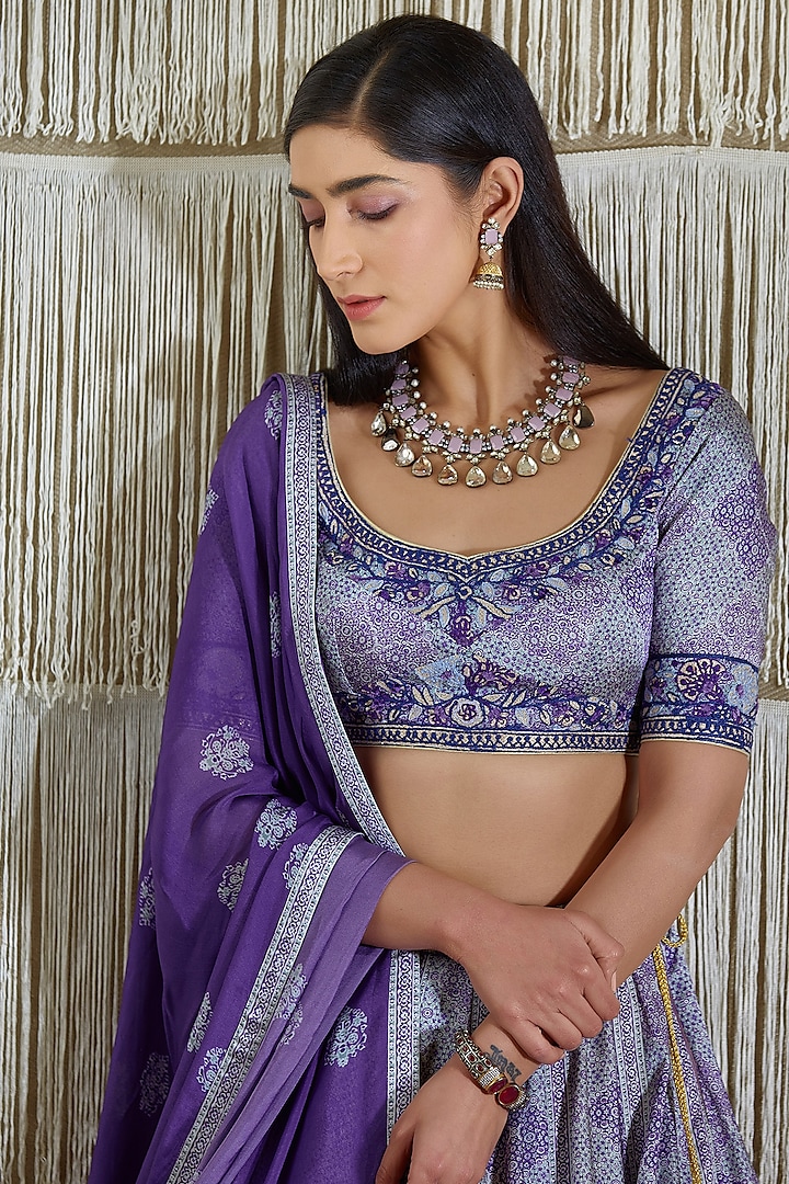 Purplish Blue Cotton Satin Wedding Lehenga Set by Shyam Narayan Prasad at Pernia's Pop Up Shop