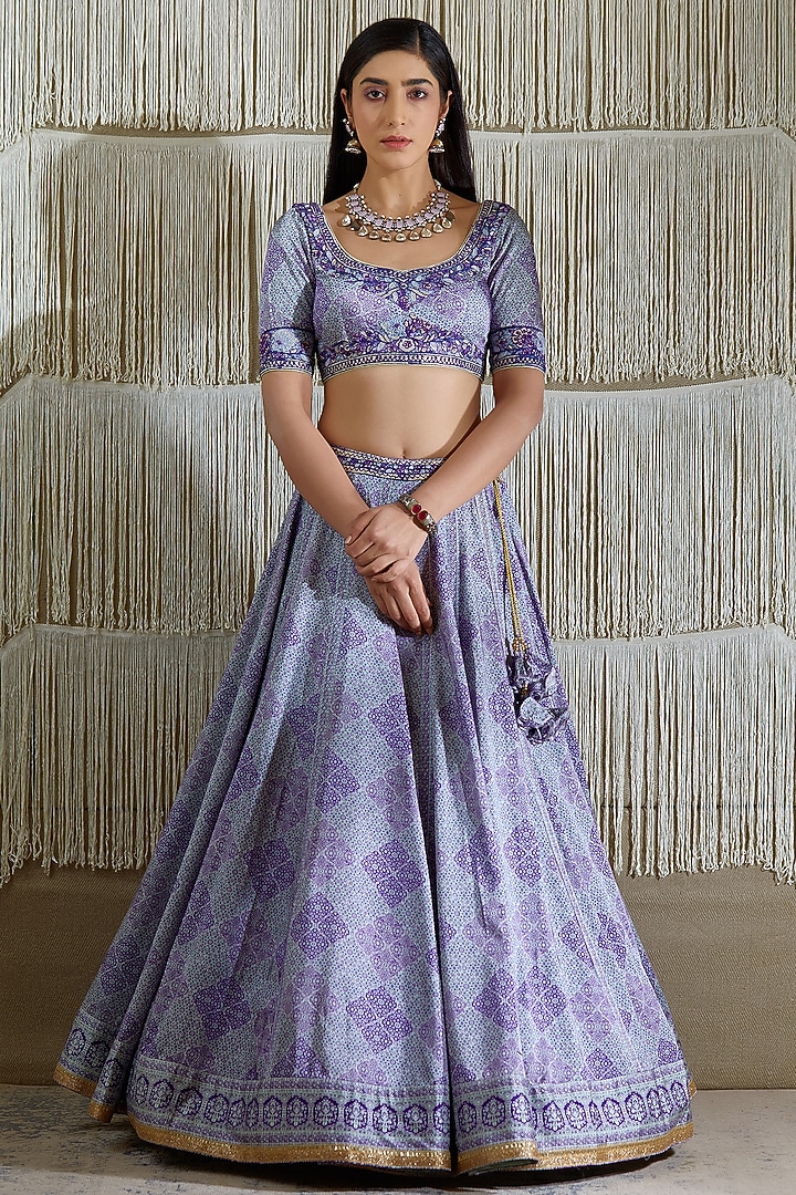 Purplish Blue Cotton Satin Wedding Lehenga Set by Shyam Narayan Prasad at Pernia's Pop Up Shop
