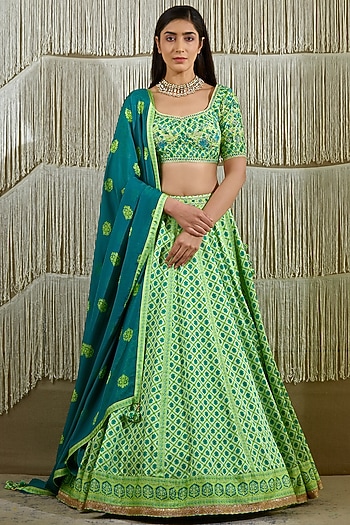 Bright Green Printed Wedding Lehenga Set by Shyam Narayan Prasad at Pernia's Pop Up Shop