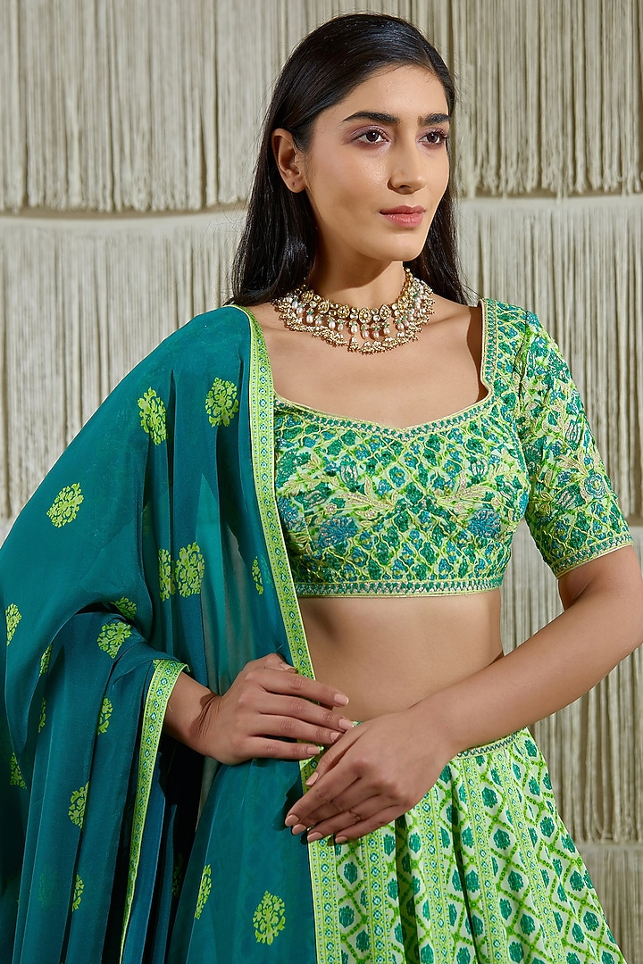Bright Green Printed Wedding Lehenga Set by Shyam Narayan Prasad at Pernia's Pop Up Shop