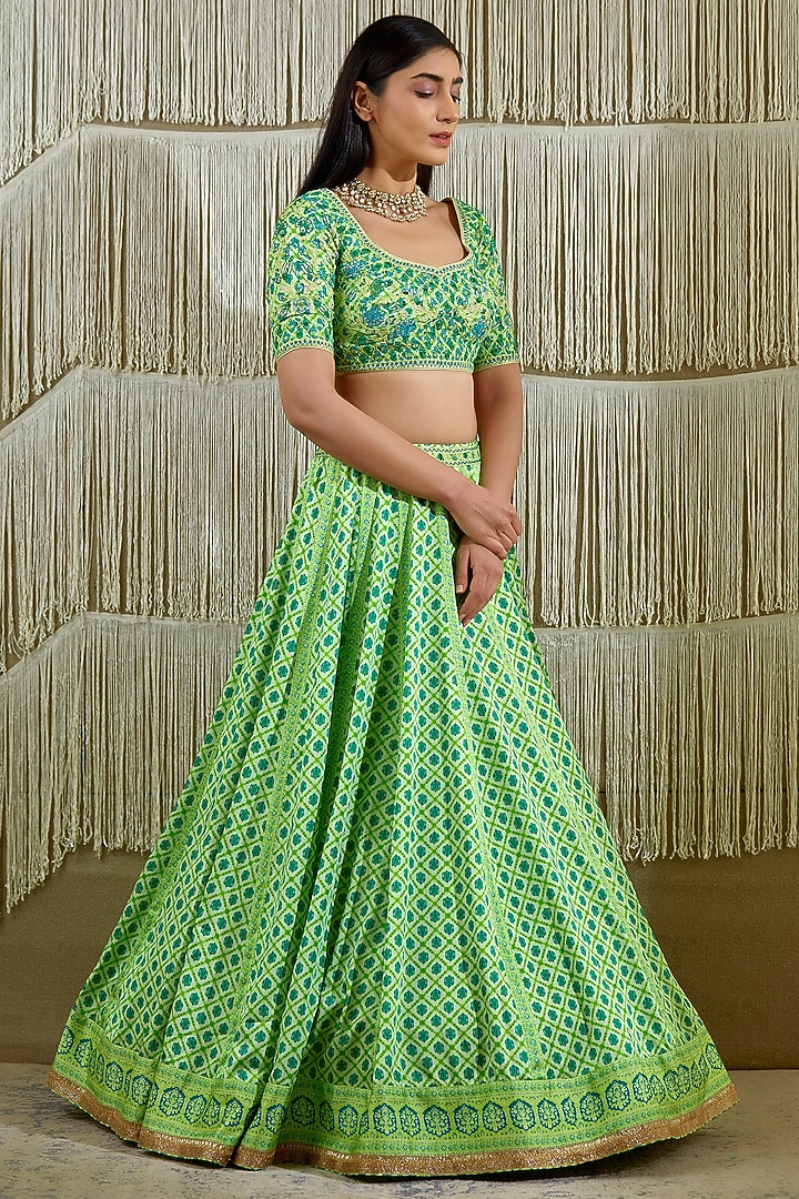 Bright Green Printed Wedding Lehenga Set by Shyam Narayan Prasad at Pernia's Pop Up Shop