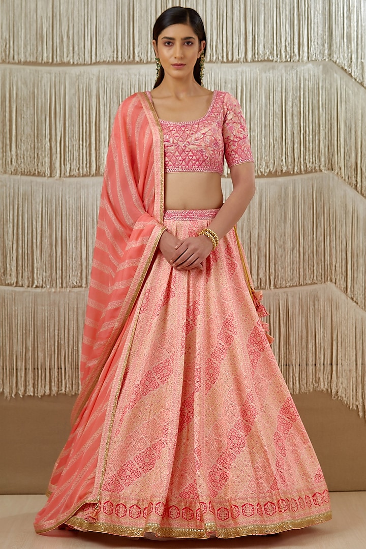 Coral Pink Printed Lehenga Set Design by Shyam Narayan Prasad at
