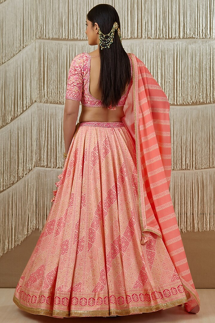 Coral Pink Printed Wedding Lehenga Set by Shyam Narayan Prasad at Pernia's Pop Up Shop