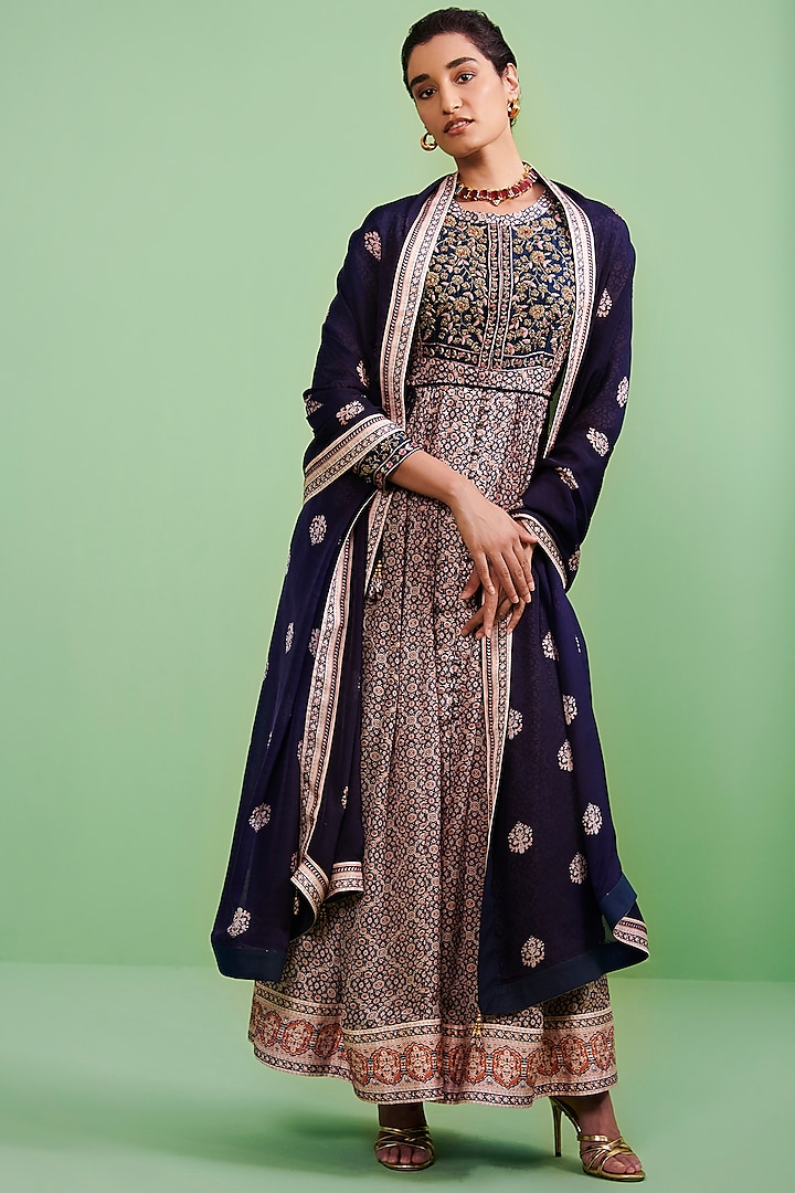 Dark Blue Embroidered & Printed Wedding Anarkali Set by Shyam Narayan Prasad at Pernia's Pop Up Shop