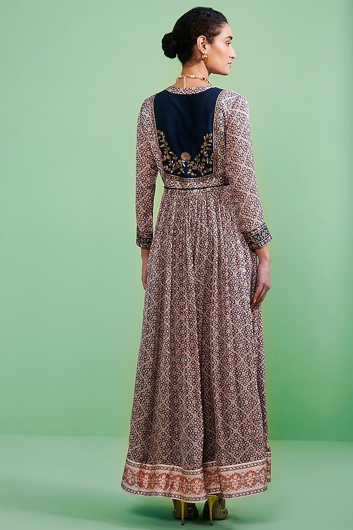 Dark Blue Embroidered & Printed Wedding Anarkali Set by Shyam Narayan Prasad at Pernia's Pop Up Shop