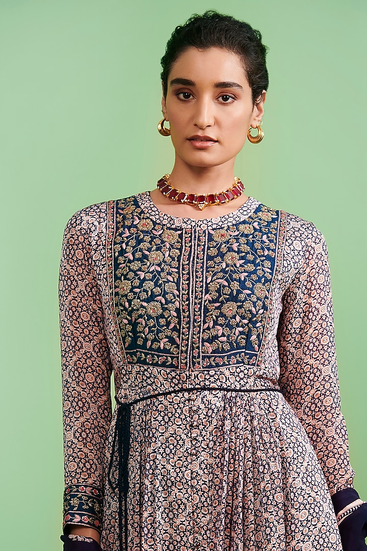 Dark Blue Embroidered & Printed Wedding Anarkali Set by Shyam Narayan Prasad at Pernia's Pop Up Shop