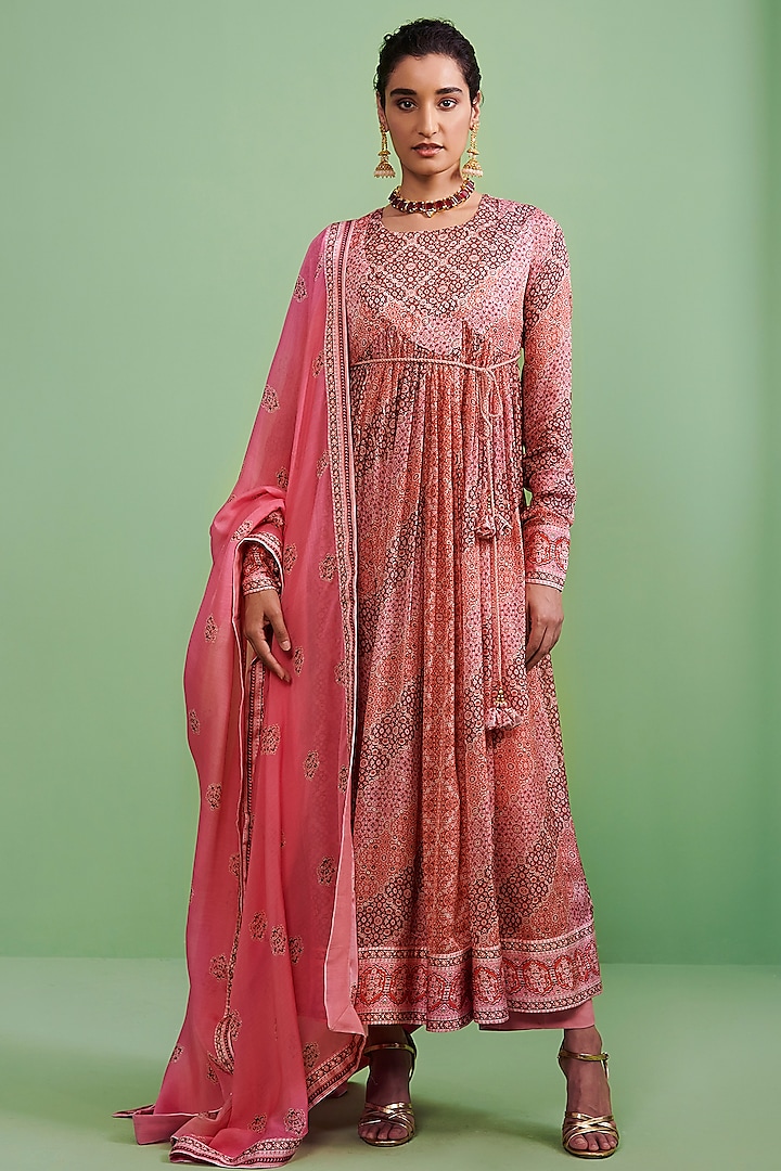Persian Pink Printed Angrakha Kurta Set by Shyam Narayan Prasad