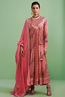 Persian Pink Printed Angrakha Kurta Set by Shyam Narayan Prasad-SHYAM NARAYAN PRASAD