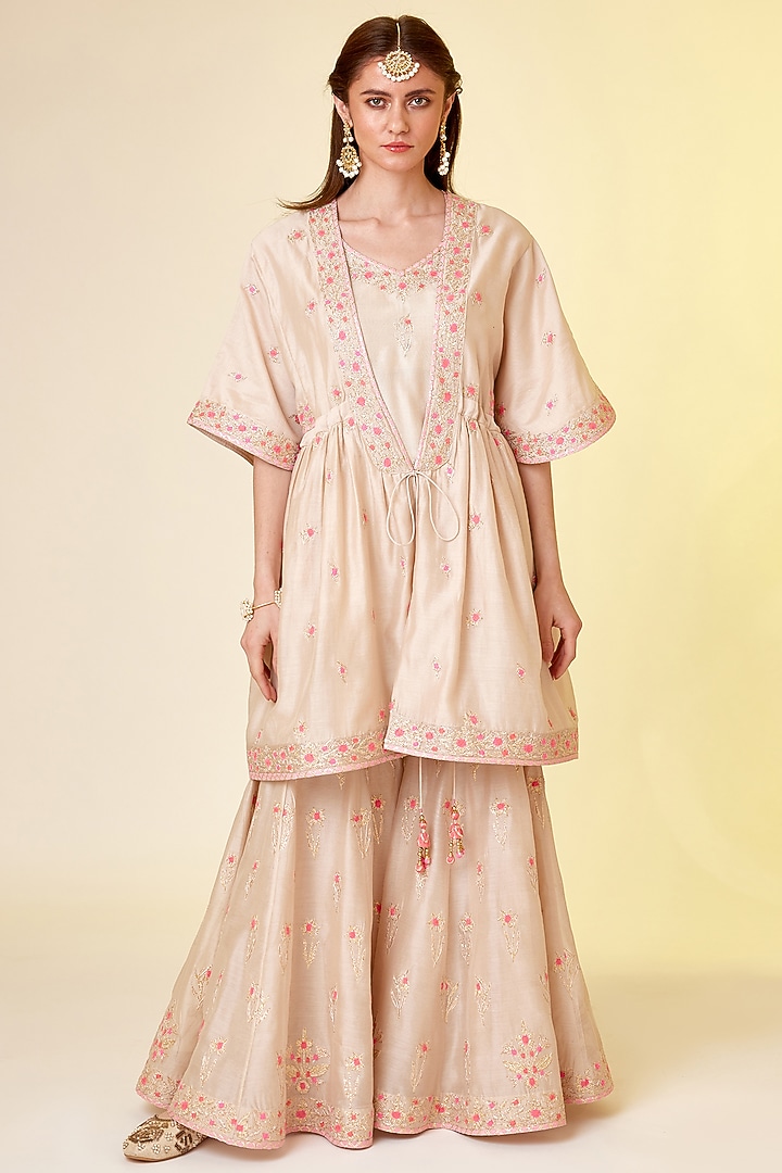 Angora White Chanderi Silk Embroidered Wedding Sharara Set by Shyam Narayan Prasad at Pernia's Pop Up Shop