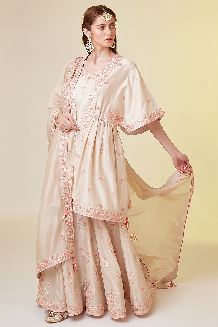 Angora White Chanderi Silk Embroidered Wedding Sharara Set by Shyam Narayan Prasad at Pernia's Pop Up Shop
