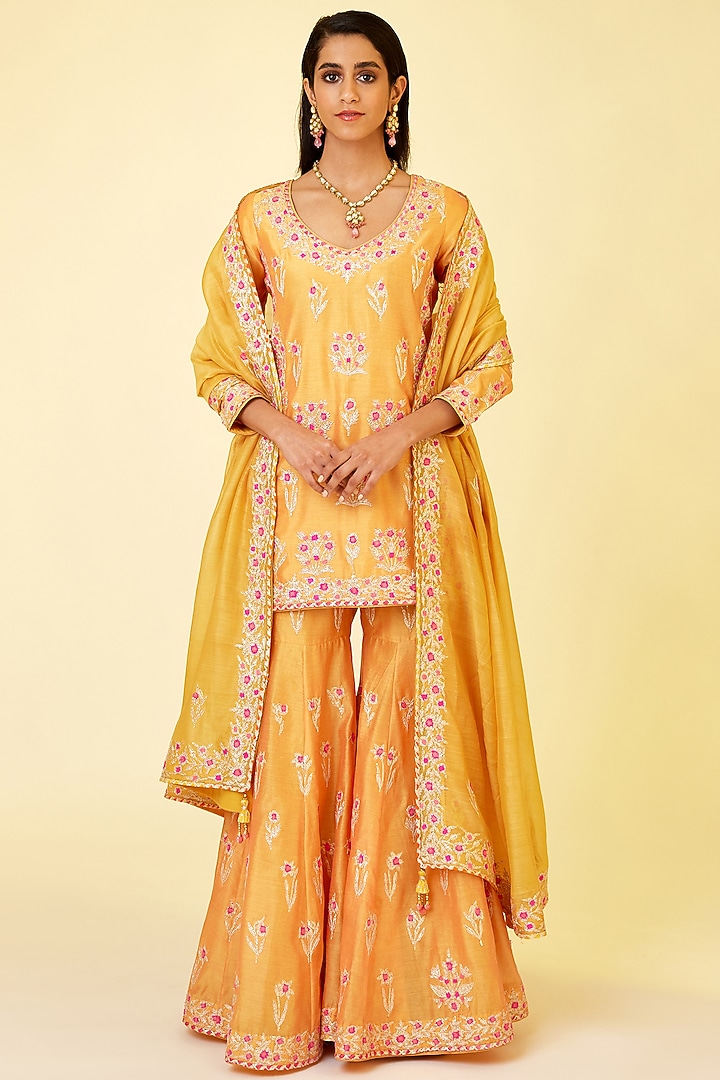 Saffron Orange Silk Chanderi Embroidered Wedding Sharara Set by Shyam Narayan Prasad at Pernia's Pop Up Shop