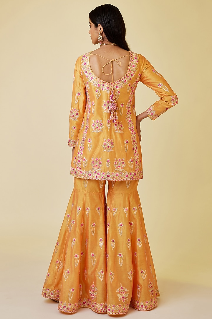 Saffron Orange Silk Chanderi Embroidered Wedding Sharara Set by Shyam Narayan Prasad at Pernia's Pop Up Shop
