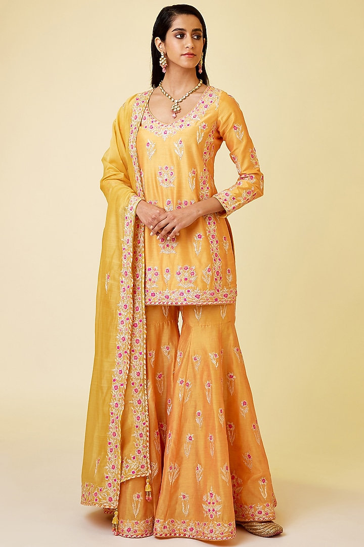 Saffron Orange Silk Chanderi Embroidered Wedding Sharara Set by Shyam Narayan Prasad at Pernia's Pop Up Shop