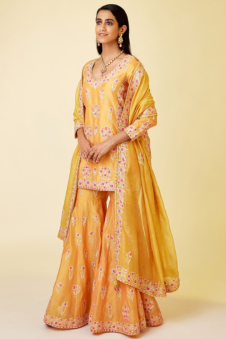 Saffron Orange Silk Chanderi Embroidered Wedding Sharara Set by Shyam Narayan Prasad at Pernia's Pop Up Shop
