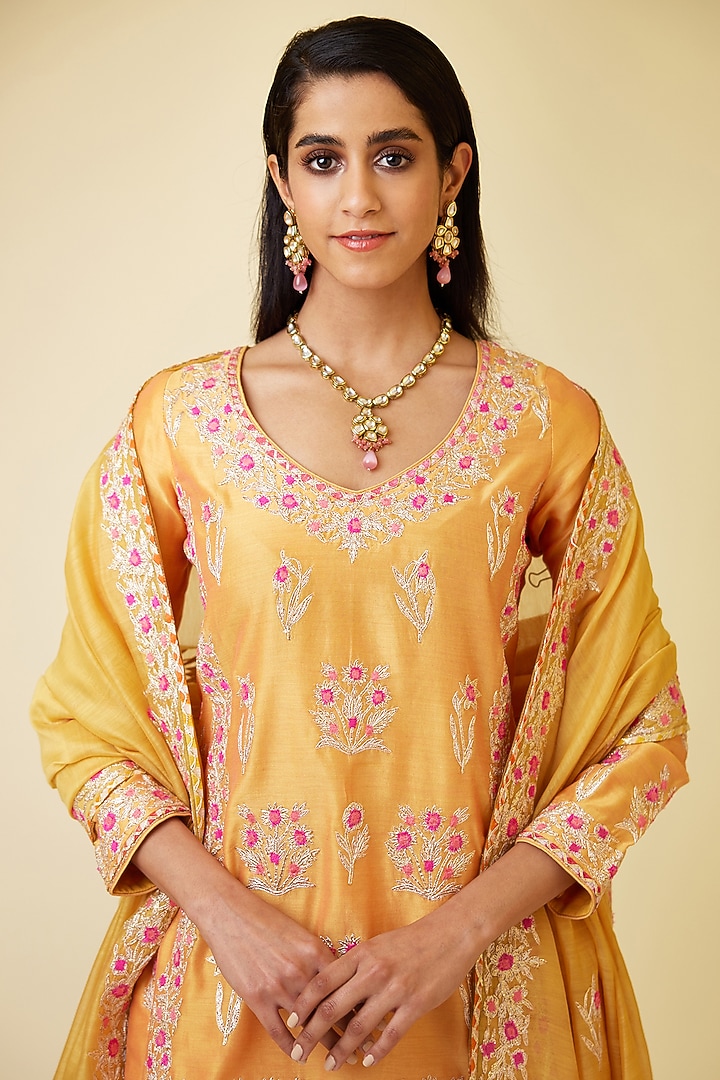 Saffron Orange Silk Chanderi Embroidered Wedding Sharara Set by Shyam Narayan Prasad at Pernia's Pop Up Shop