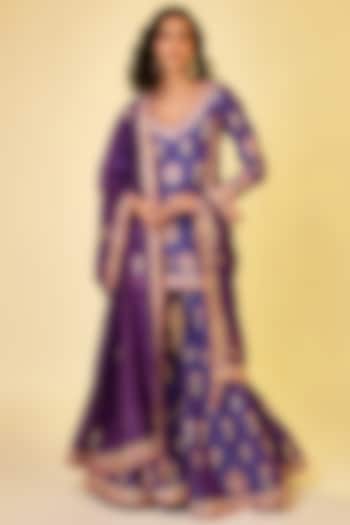 Purple Silk Chanderi Embroidered Sharara Set by Shyam Narayan Prasad