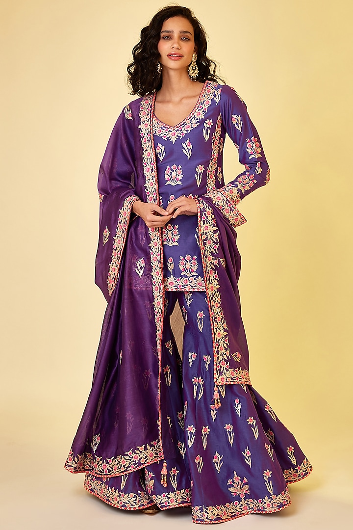 Purple Silk Chanderi Embroidered Sharara Set by Shyam Narayan Prasad