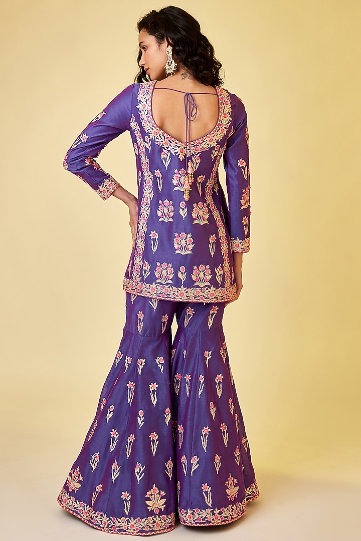 Purple Silk Chanderi Embroidered Wedding Sharara Set by Shyam Narayan Prasad at Pernia's Pop Up Shop