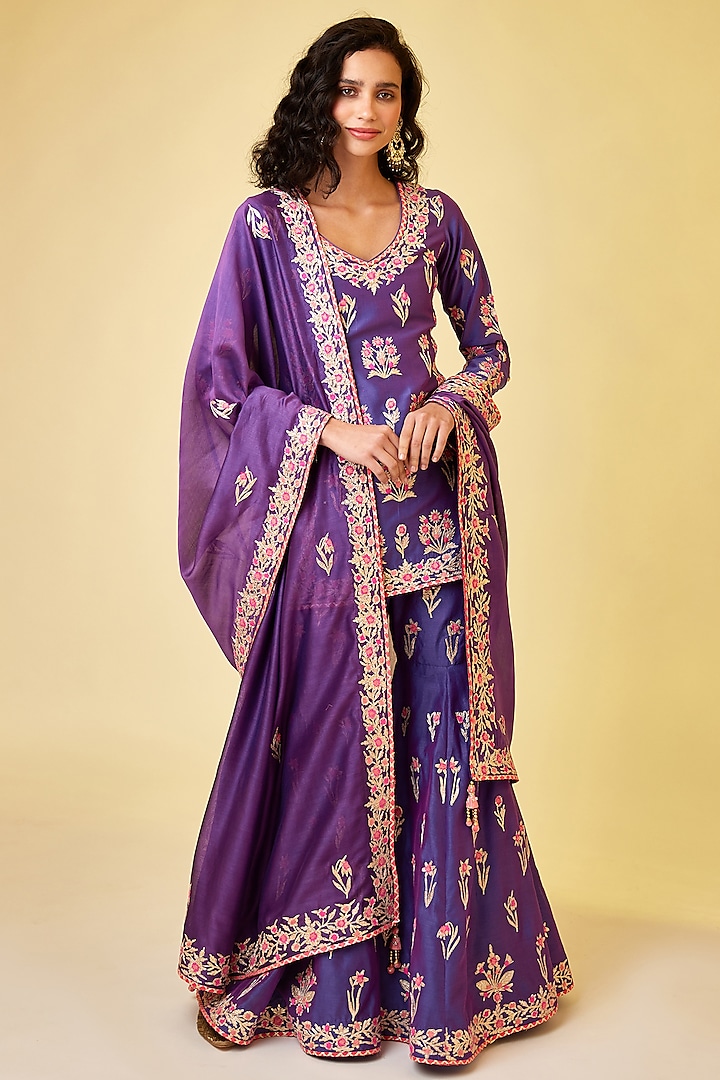 Purple Silk Chanderi Embroidered Wedding Sharara Set by Shyam Narayan Prasad at Pernia's Pop Up Shop