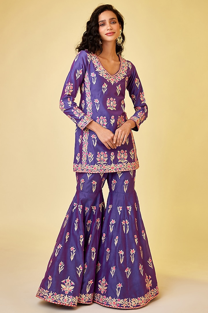 Purple Silk Chanderi Embroidered Wedding Sharara Set by Shyam Narayan Prasad at Pernia's Pop Up Shop