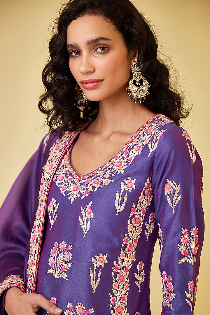 Purple Silk Chanderi Embroidered Wedding Sharara Set by Shyam Narayan Prasad at Pernia's Pop Up Shop
