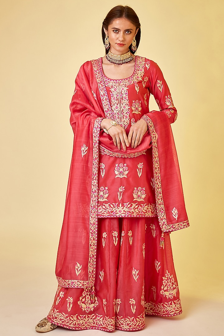 Scarlet Red Silk Chanderi Embroidered Sharara Set by Shyam Narayan Prasad