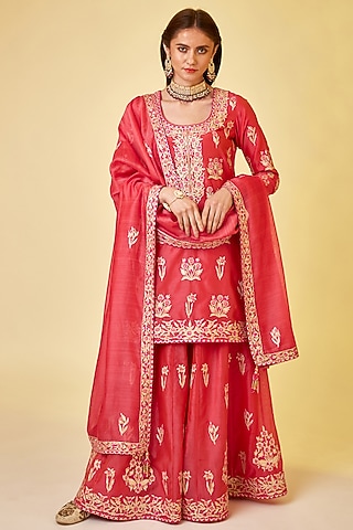 Scarlet Red Silk Chanderi Embroidered Sharara Set by shyam narayan prasad