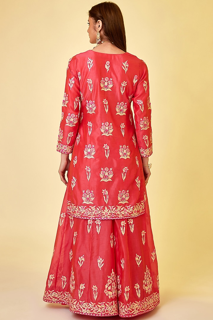 Scarlet Red Silk Chanderi Embroidered Wedding Sharara Set by Shyam Narayan Prasad at Pernia's Pop Up Shop