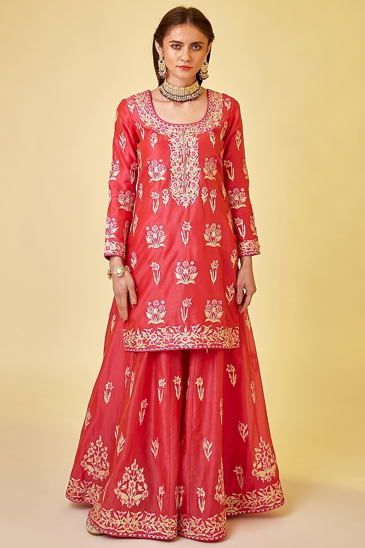 Scarlet Red Silk Chanderi Embroidered Wedding Sharara Set by Shyam Narayan Prasad at Pernia's Pop Up Shop