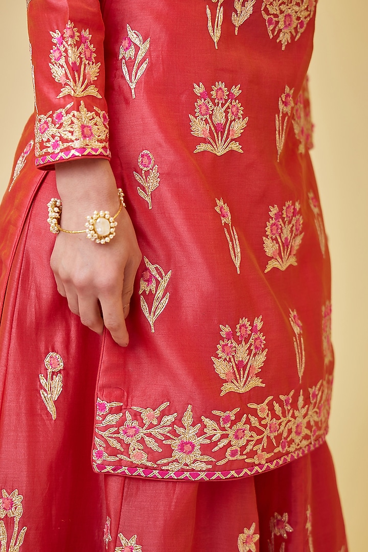 Scarlet Red Silk Chanderi Embroidered Wedding Sharara Set by Shyam Narayan Prasad at Pernia's Pop Up Shop