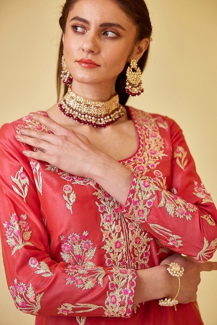 Scarlet Red Silk Chanderi Embroidered Wedding Sharara Set by Shyam Narayan Prasad at Pernia's Pop Up Shop
