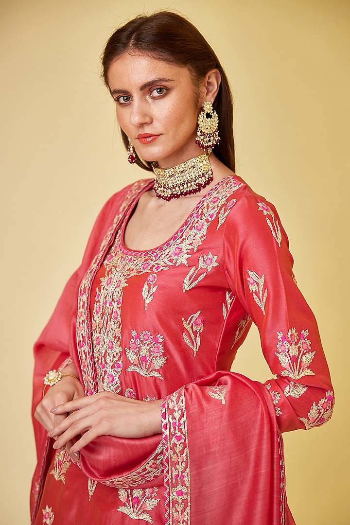 Scarlet Red Silk Chanderi Embroidered Wedding Sharara Set by Shyam Narayan Prasad at Pernia's Pop Up Shop