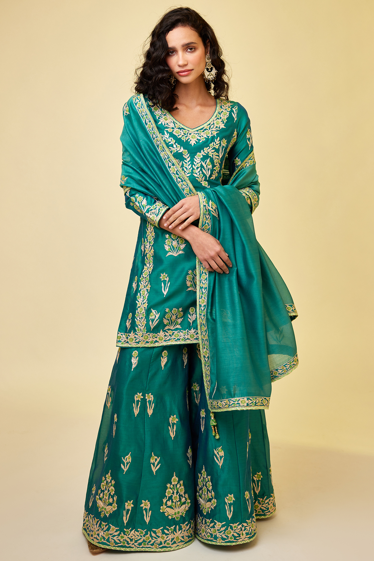 Emerald Green Silk Chanderi Embroidered Wedding Sharara Set by Shyam Narayan Prasad at Pernia's Pop Up Shop