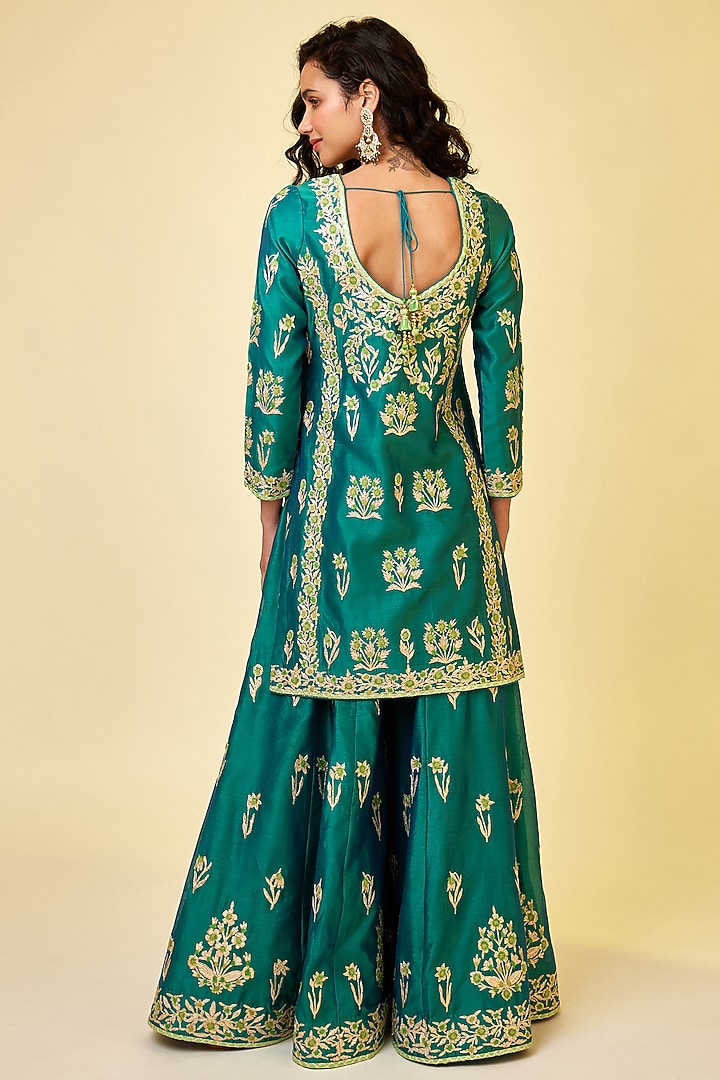 Emerald Green Silk Chanderi Embroidered Wedding Sharara Set by Shyam Narayan Prasad at Pernia's Pop Up Shop