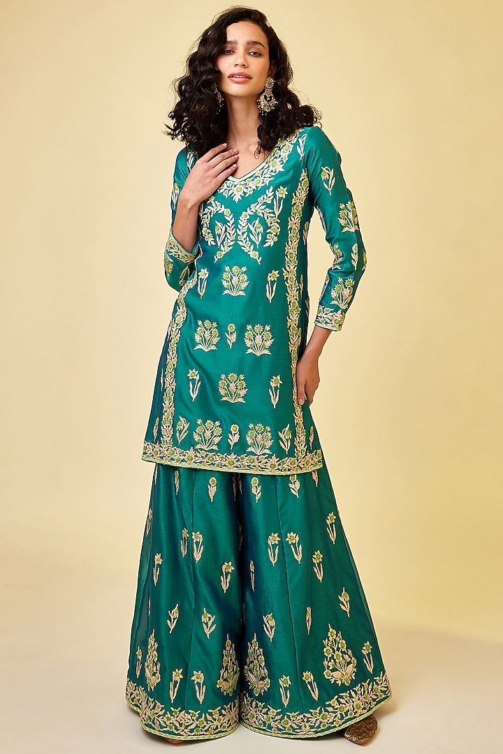 Emerald Green Silk Chanderi Embroidered Wedding Sharara Set by Shyam Narayan Prasad at Pernia's Pop Up Shop