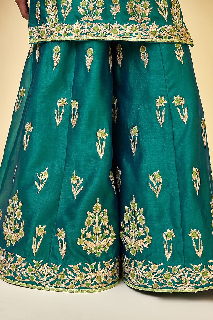 Emerald Green Silk Chanderi Embroidered Wedding Sharara Set by Shyam Narayan Prasad at Pernia's Pop Up Shop
