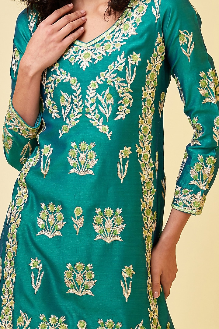 Emerald Green Silk Chanderi Embroidered Wedding Sharara Set by Shyam Narayan Prasad at Pernia's Pop Up Shop