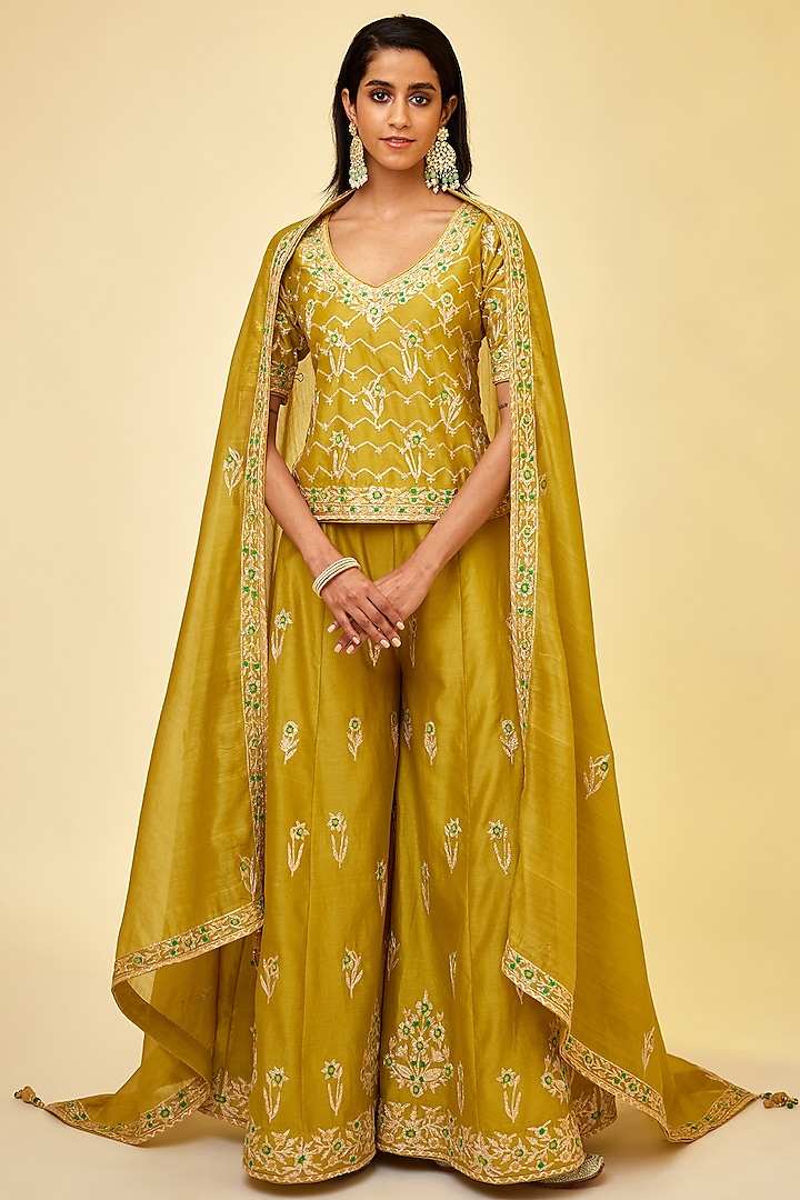Olive Green Silk Chanderi Embroidered Wedding Sharara Set by Shyam Narayan Prasad at Pernia's Pop Up Shop