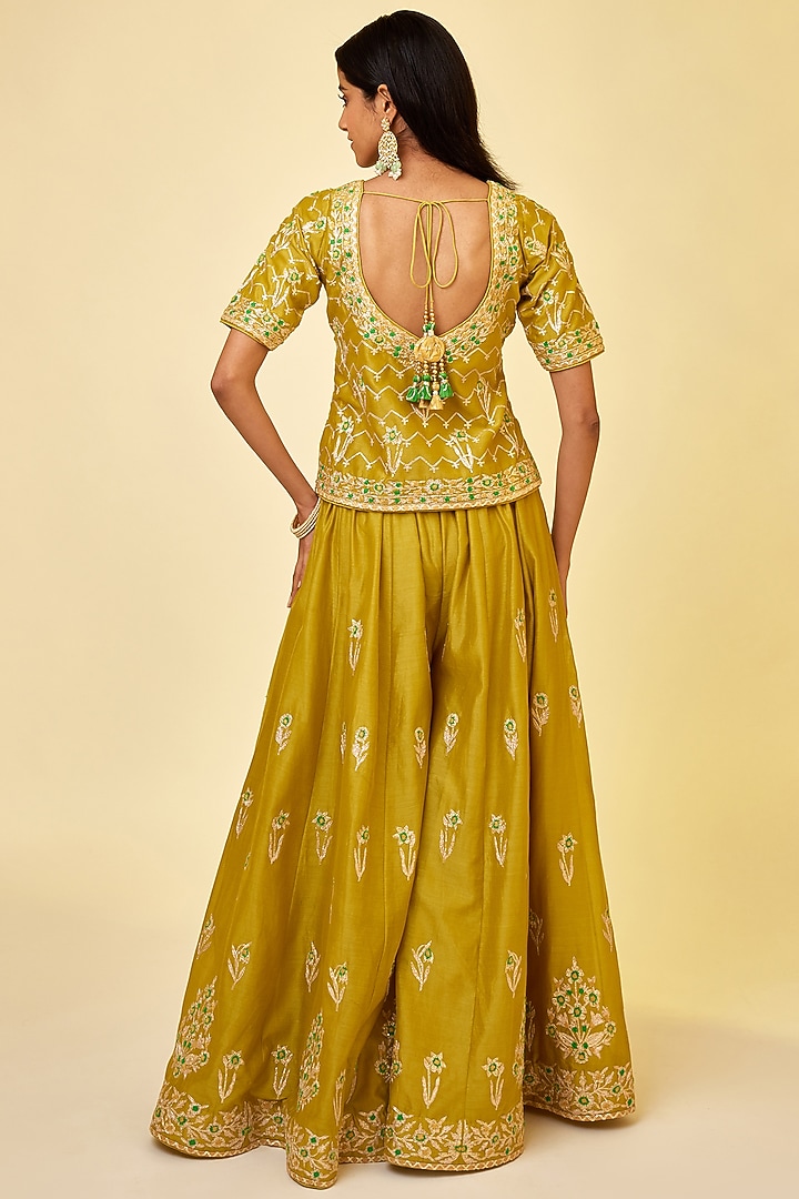 Olive Green Silk Chanderi Embroidered Wedding Sharara Set by Shyam Narayan Prasad at Pernia's Pop Up Shop