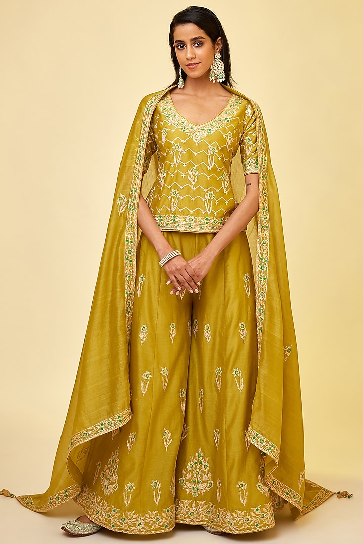 Olive Green Silk Chanderi Embroidered Wedding Sharara Set by Shyam Narayan Prasad at Pernia's Pop Up Shop