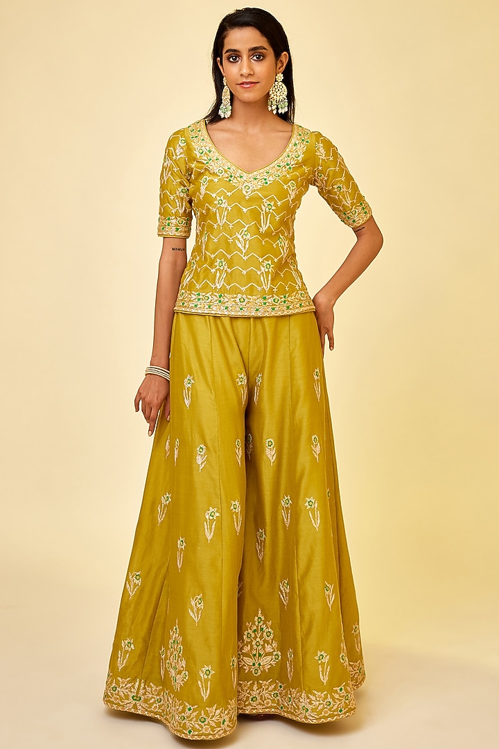 Olive Green Silk Chanderi Embroidered Wedding Sharara Set by Shyam Narayan Prasad at Pernia's Pop Up Shop