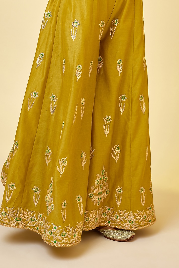 Olive Green Silk Chanderi Embroidered Wedding Sharara Set by Shyam Narayan Prasad at Pernia's Pop Up Shop