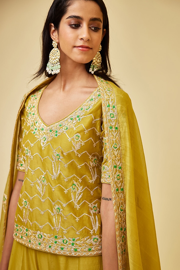 Olive Green Silk Chanderi Embroidered Wedding Sharara Set by Shyam Narayan Prasad at Pernia's Pop Up Shop