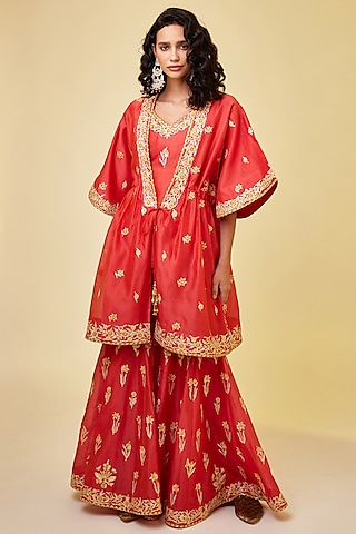 Spicy Orange Chanderi Silk Embroidered Sharara Set by Shyam Narayan Prasad