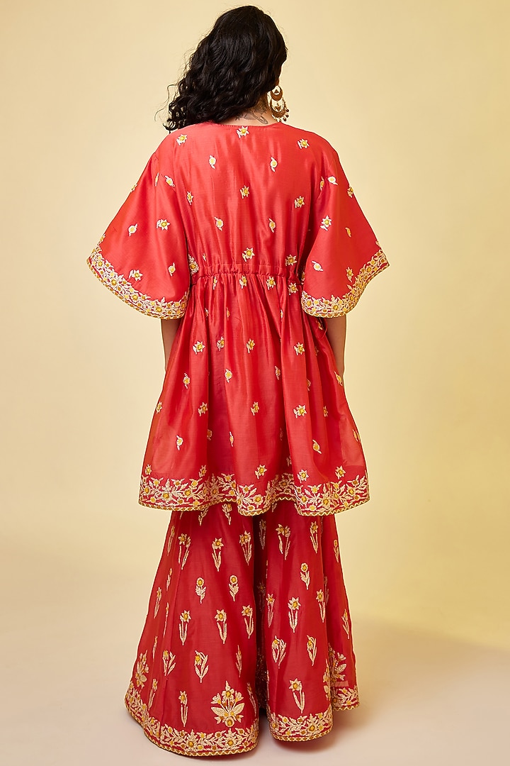 Spicy Orange Chanderi Silk Embroidered Wedding Sharara Set by Shyam Narayan Prasad at Pernia's Pop Up Shop