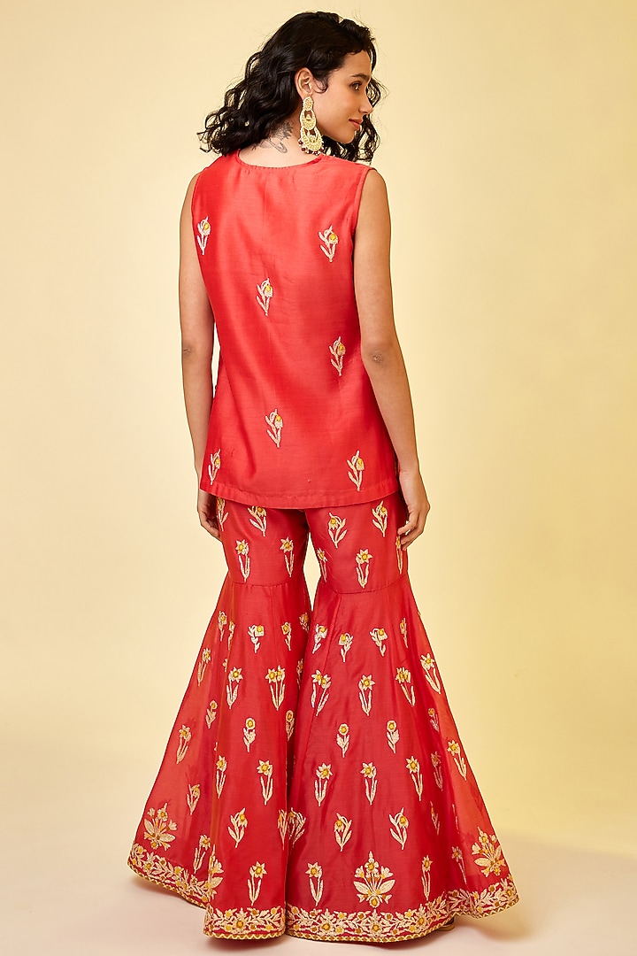 Spicy Orange Chanderi Silk Embroidered Wedding Sharara Set by Shyam Narayan Prasad at Pernia's Pop Up Shop