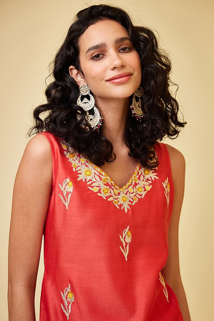 Spicy Orange Chanderi Silk Embroidered Wedding Sharara Set by Shyam Narayan Prasad at Pernia's Pop Up Shop