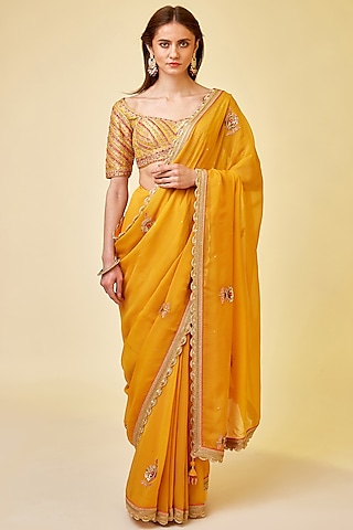 Mango Yellow Organza Embroidered Saree Set by Shyam Narayan Prasad